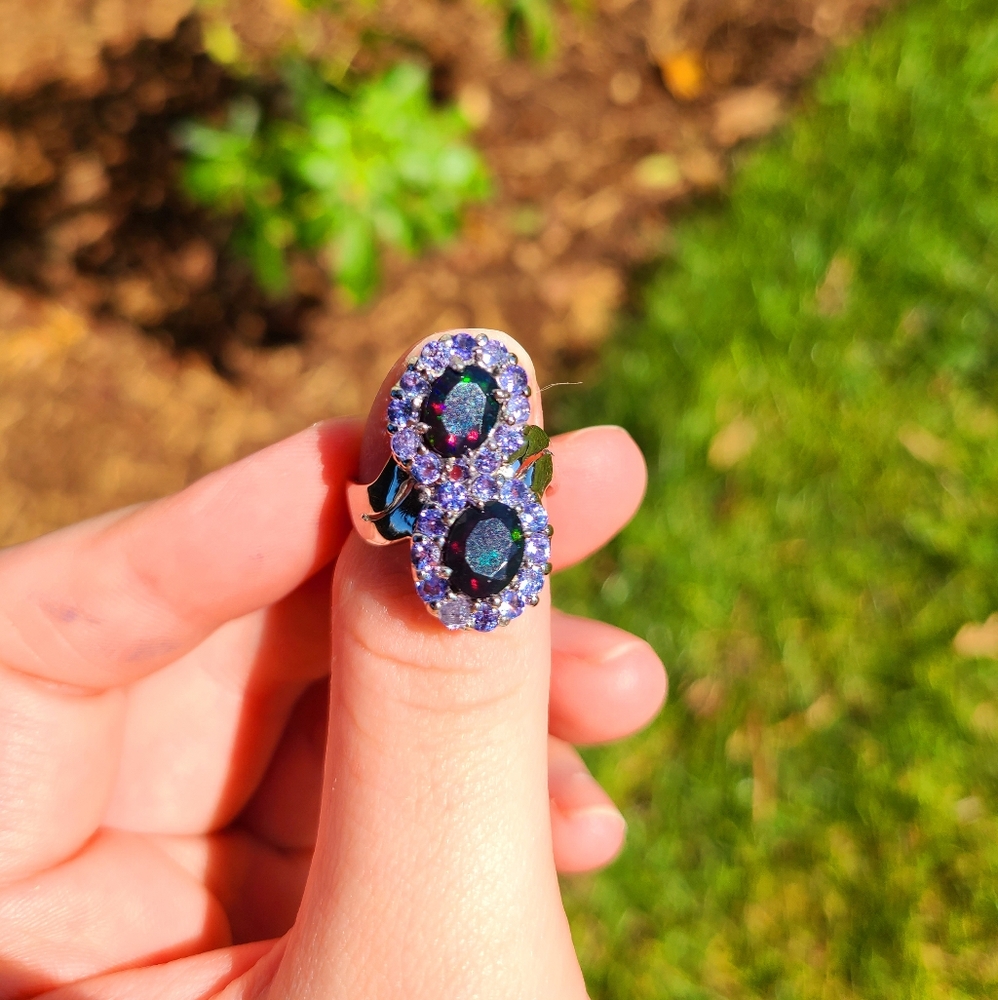 Ethiopian Black Opal and Tanzanite in Sterling Silver / Size 7